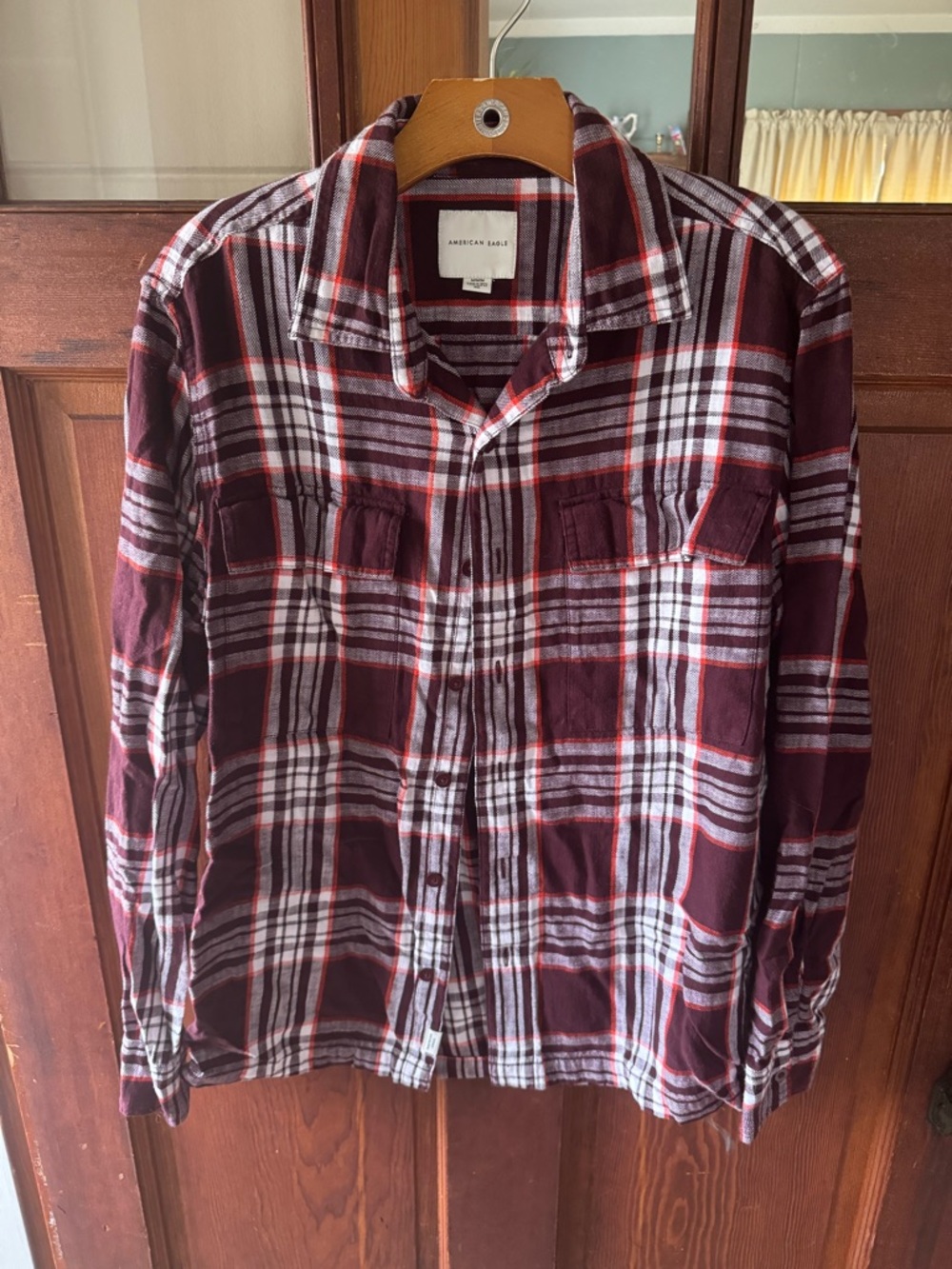 American Eagle Outfitters Men’s Burgundy, White & Black Plaid Button-Down Shirt